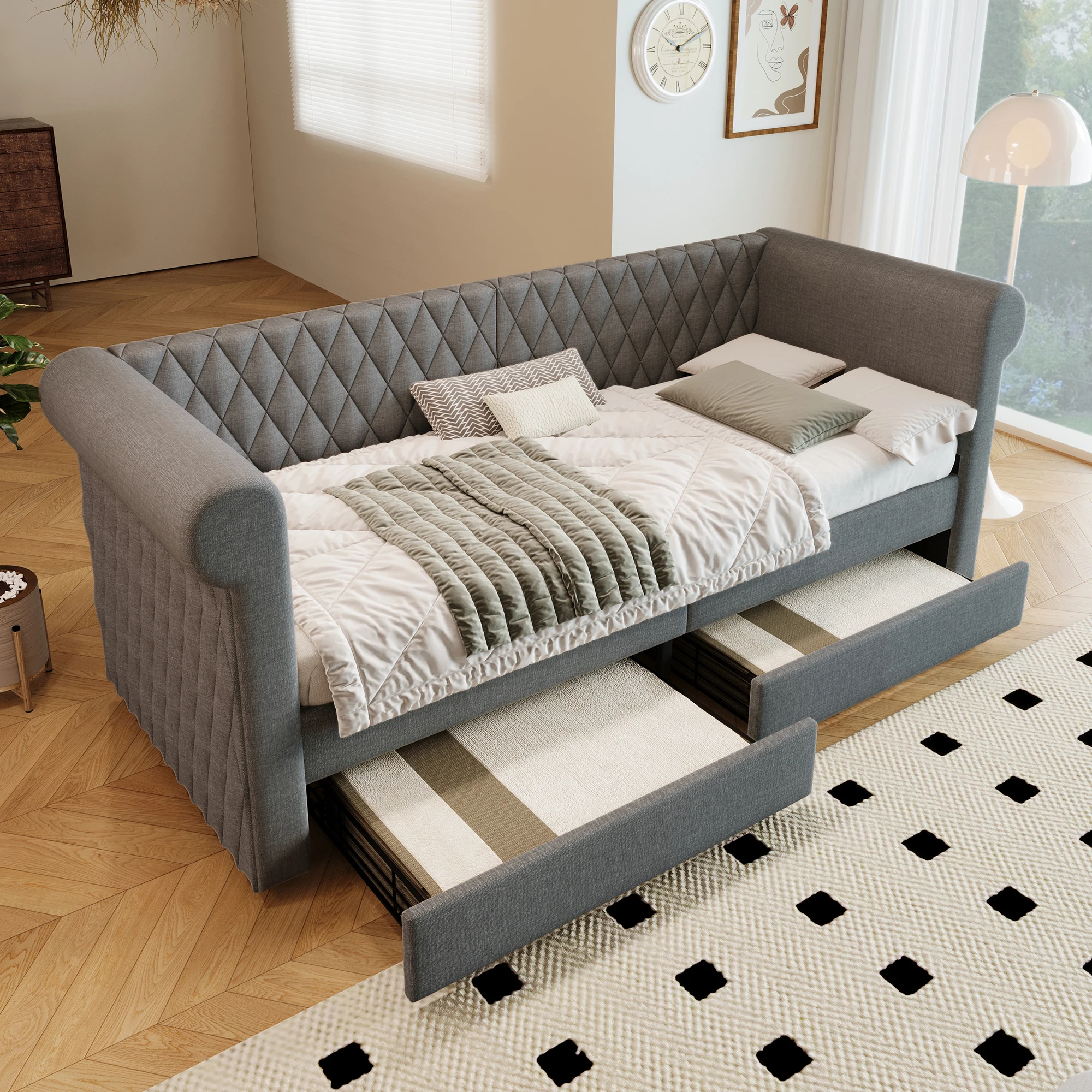 KOMHTOM Vintage Polsterbett Sofabett Tagesbett 90x200 cm, 2 Stauraum-Schubladen, Holz-Lattenrost, Linen-Material, ohne Matratze – Detail 3