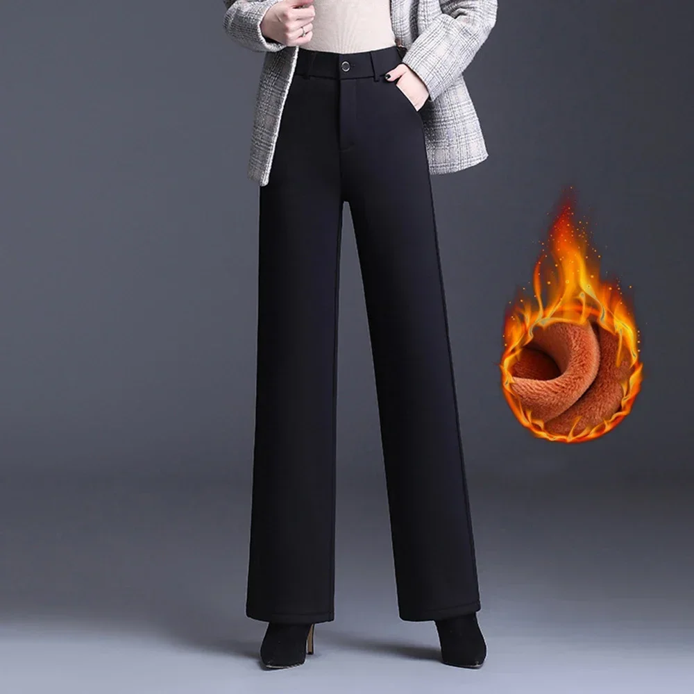 

Women Velvet Wide Straight Leg Pants Fleece High Waist Plus Size Office Thicken Warm Hot Lining Winter Trousers Snowwear Z148