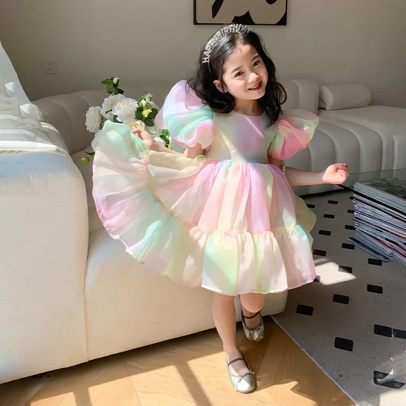 Spring Girls Dress Short Sleeve Rainbow Bowknot Princess Dresses for Girls Kids Dress Casual Children Clothing