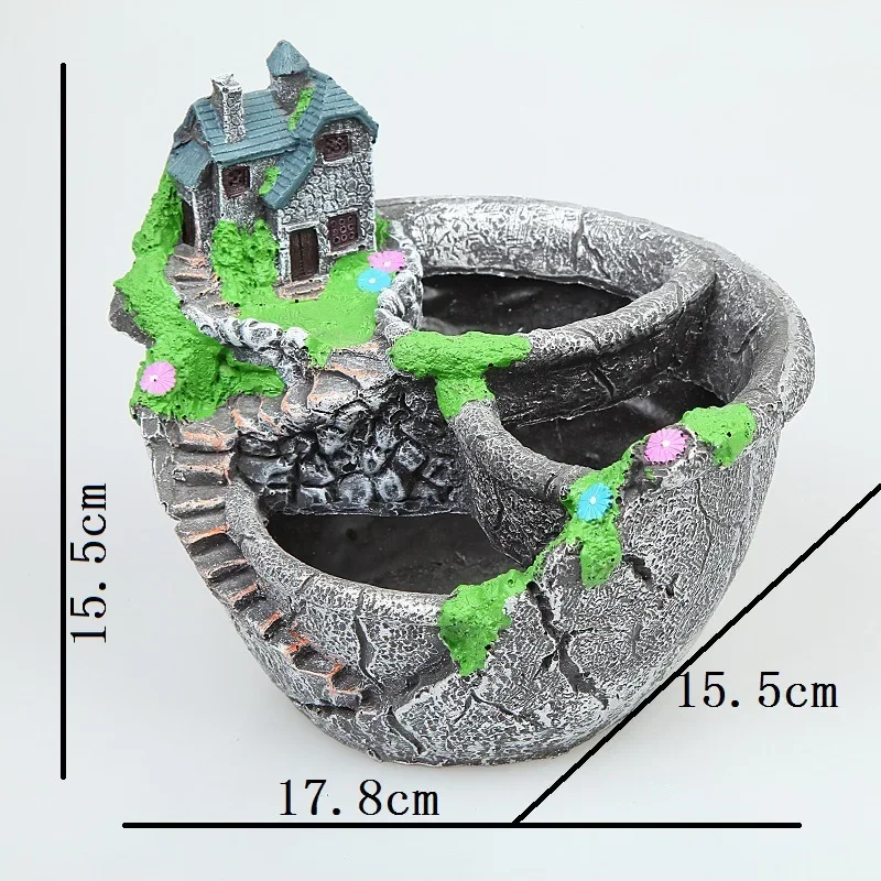 Creative Imitation Stone Resin Flower Pot, Creative Rural Micro Landscape, Large Caliber, House, Home, Garden, Fleshy Flower Pot