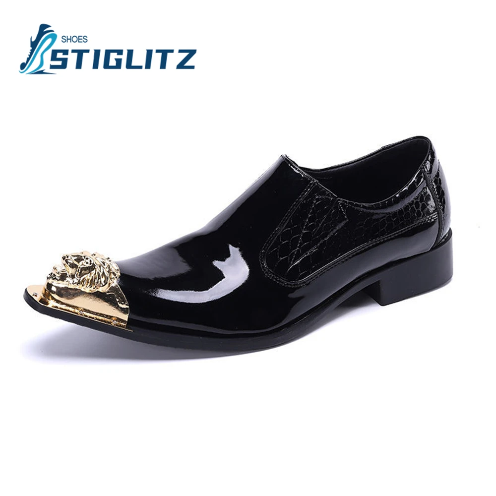 Point Metal Toe Patent Leather Chelseas Square Heel Slip On Mules Men's High Quality Casual Shoes Genuine Leather Formal Shoes