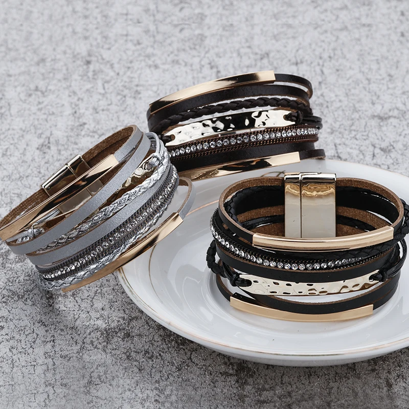 Multilayer Leather Bracelet Metal Bar Charm Men Leather Braided Bracelet