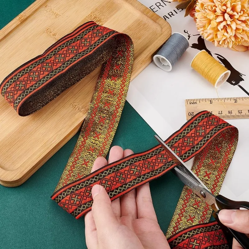 Jacquard Ribbon Geometric Woven Trim Ethnic Ribbon 7.6 Yards 1.3 Inch/ 3.3cm Red Embroidered Jacquard Braid Trim