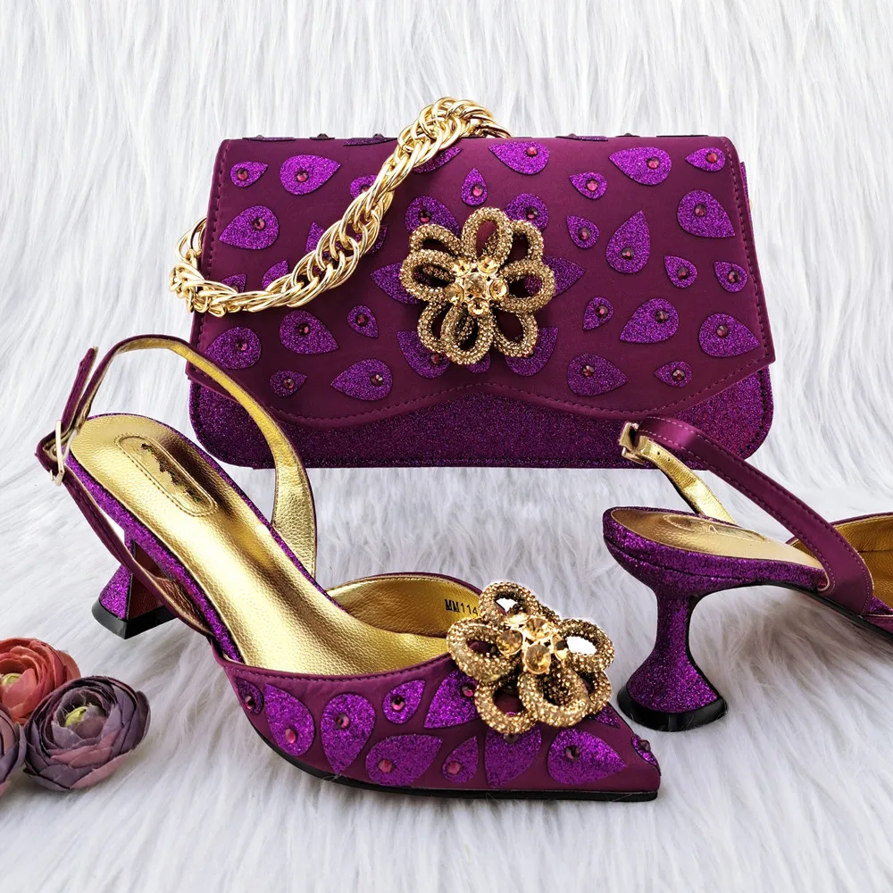 

Beautiful Purple 7.5CM Med Heel Women Shoes Match Purse With Crystal Decoration African Dressing Pumps And Bag Set MM1142