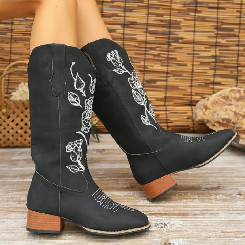 

Женские ботинки с вышивкой, зимние однотонные ботинки с квадратным носком, на высоком массивном каблуке, рыцарские ботинки, 2023