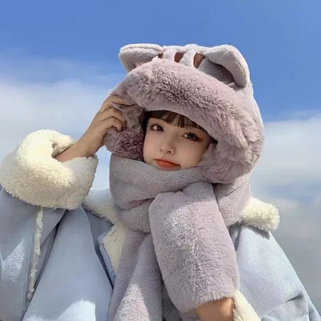 New Korean Hooded Bear Beanie Lady Winter Hats Big Fur Scarf Warm Thick Hat For Women Soft Gloves Kitten Three-Pece Cap Ski Hat 2