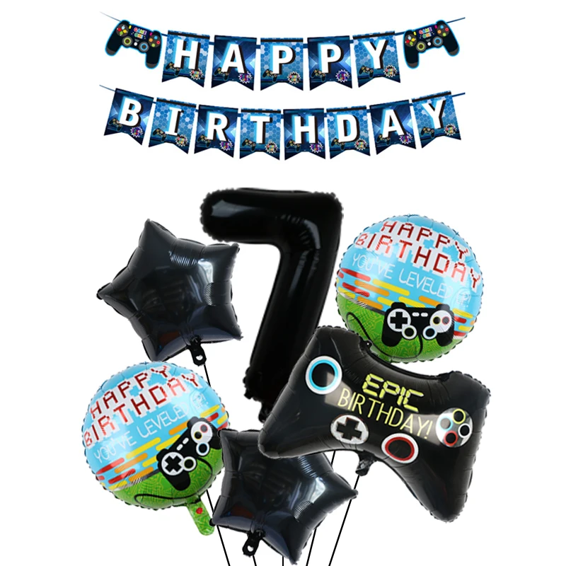 thumbnail image 1 of Decoración para fiesta de cumpleaños de videojuegos 1 a 9, color verde, para niños, suministros para fiestas temáticas de juegos, globo para subir de nivel, pancarta de feliz cumpleaños, 1 of 5