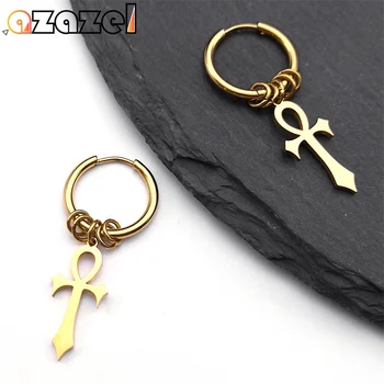 Egypt Ankh Cross Hoop Drop Dangle Earrings Women Stainless Steel Gold Color Egyptian Crucifix Amulet Earring Jewelry E1714S08