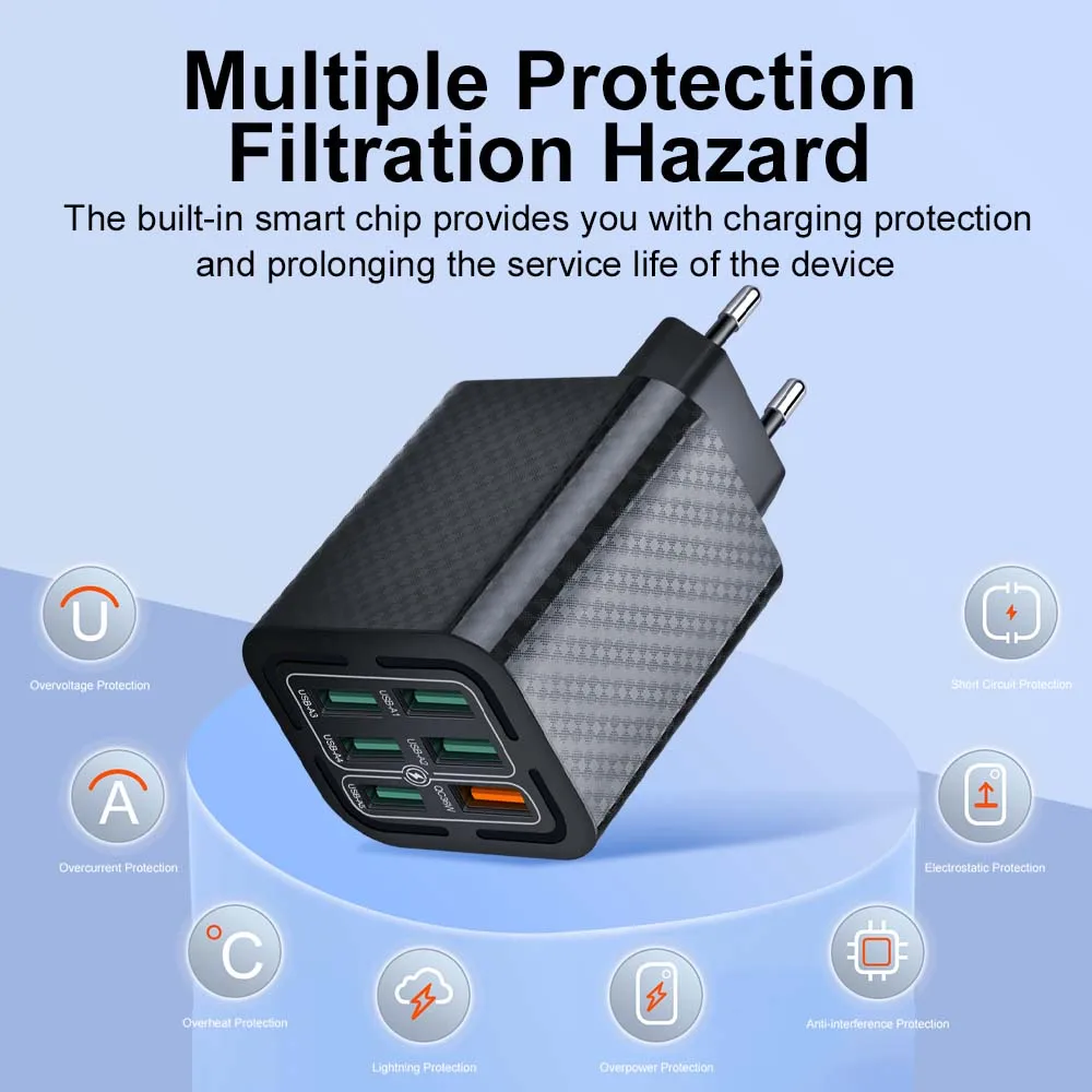 6 Ports USB Fast Charger Wall Adapter Super Fast Charging For Iphone Samsung Xiaomi Huawei Oppo