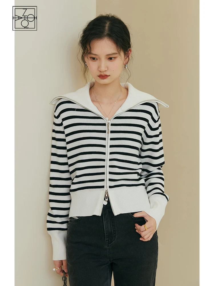

ZIQIAO Korean Style Striped Knitted Top Women 2022 Autumn New Double Zipper Short Sweater Cardigan Casual Commuter Female Top