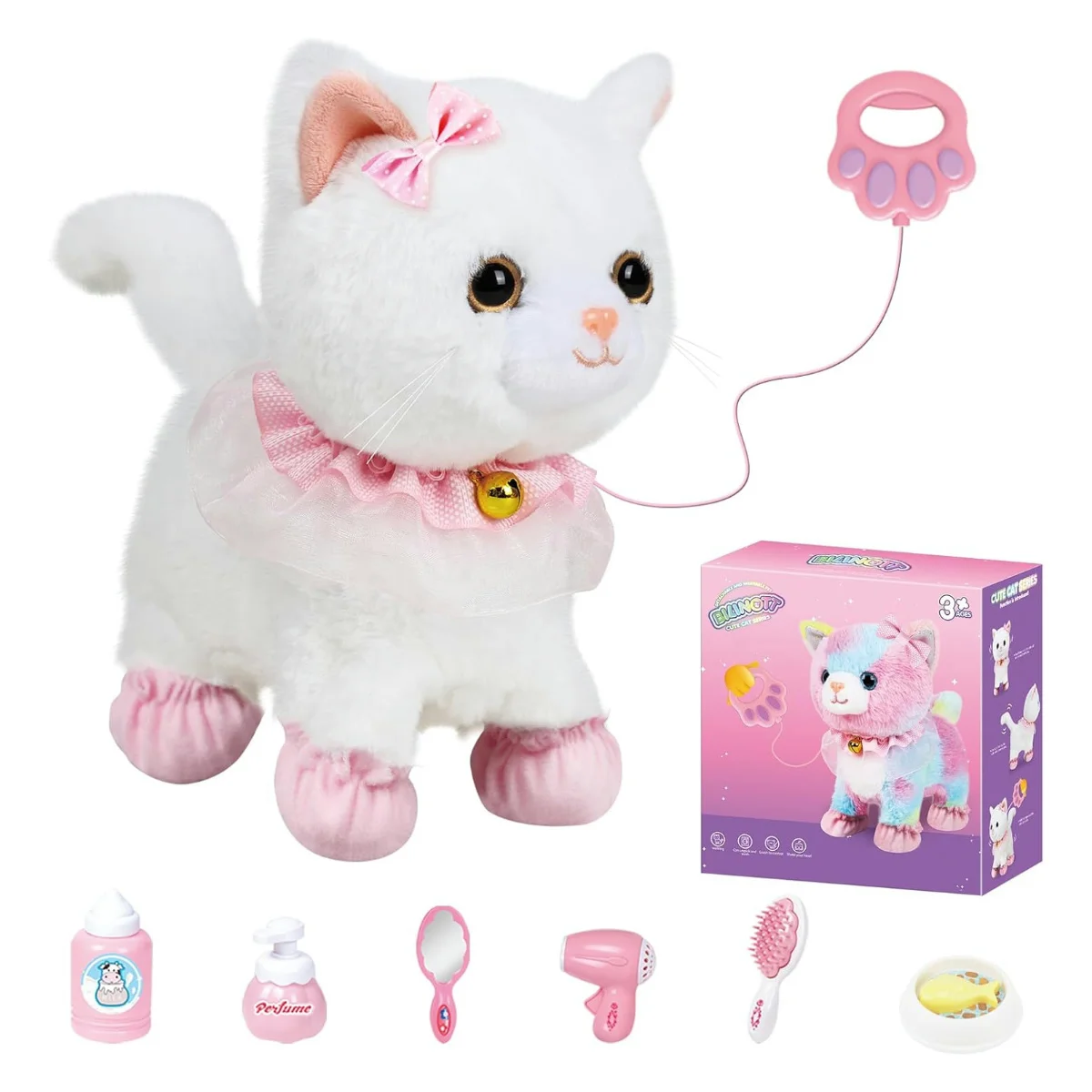 Cat Toy Electric Interactive Toy Interactive Lifelike Walking Toy Cat for Kids Touch&Voice Controlled Remote with Leash Wags Tail birthday Christmas Gift