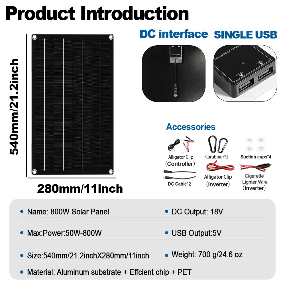 6000W Solar Power Supply 800W Panel 100A Controller 12V DC to AC 110V/220V Alligator Clips Cigarette Lighter for Car Boat CE FCC