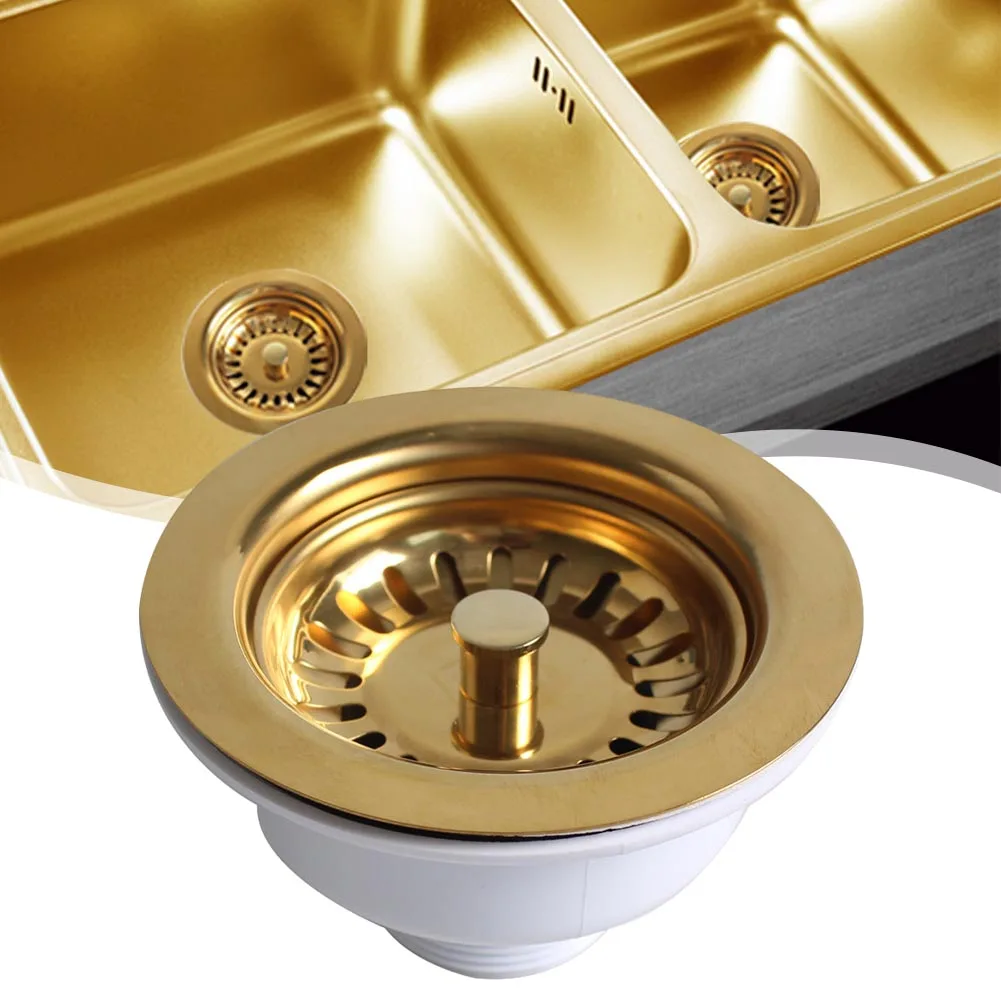 High-Quality 114MM Stainless Steel Sink Dish Drainer Strainer With Gold Plated Kitchen Sink Drainage Waste Kit Brushed