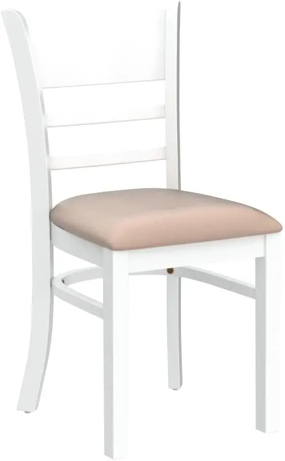 Cabin Dining Chair Set of 2 Solid Malaysian Oak PU Leather Upholstered Cushion Seat Wooden Ladder Back Side Chairs (White)