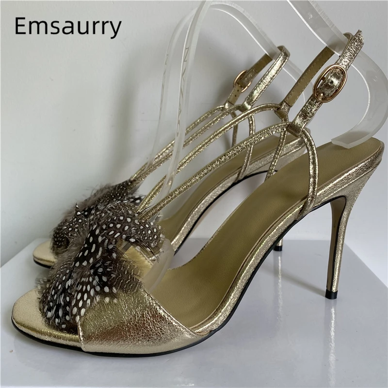 

Sexy Feather Flower Sandals Women 10cm Stiletto Heel Back Strap Real Leather Open Toe Summer Modern Sandalias