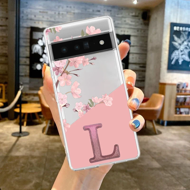 Elegant Pink Floral Alphabet Shockproof Phone Case - Soft Clear TPU Cover