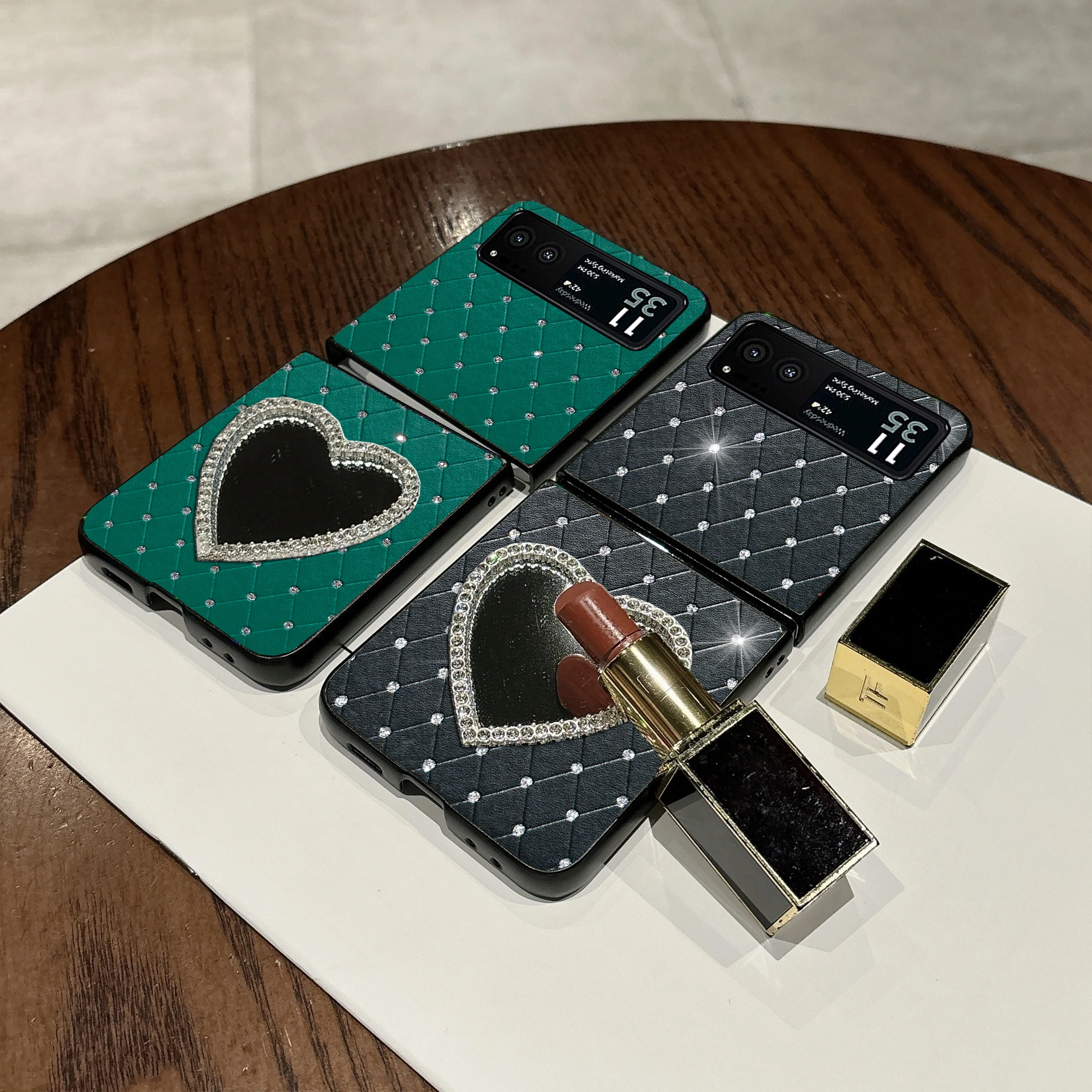 Rhombus Grid Design Phone Case with Heart Mirror - Hard Shell Edition