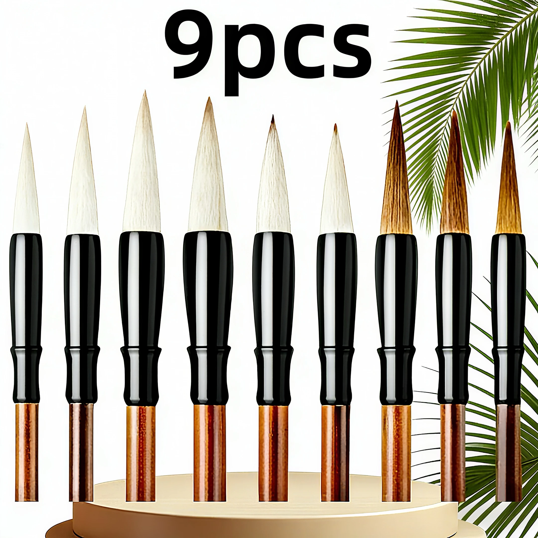 9PCS 전통 중국 서예 붓 유화용 늑대털 서예 붓 유화 수채화 나무 미술 붓