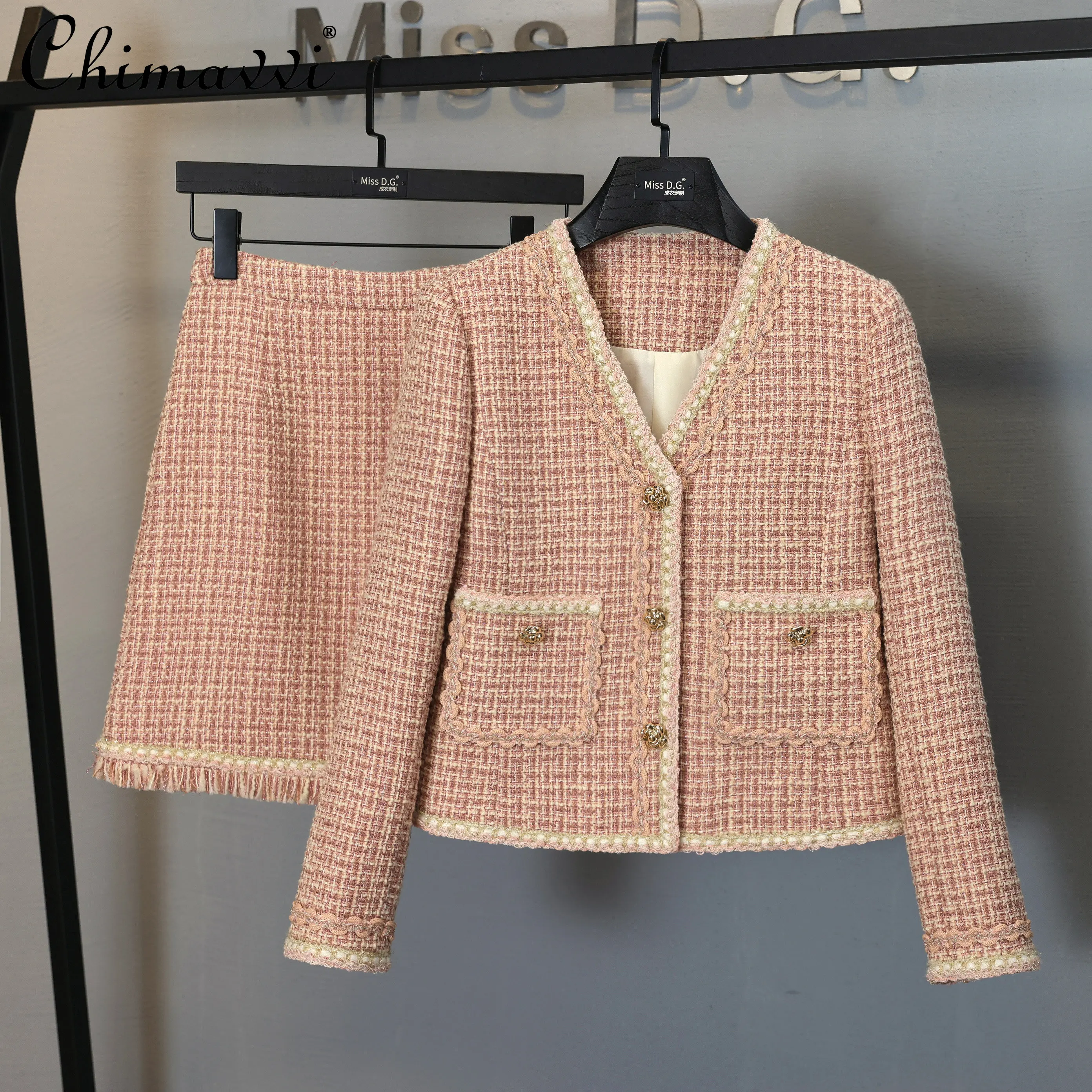 

Autumn New High-End Slim Design Suit Fashion V-neck Single Breasted Long-Sleeved Coat Short Skirt Elegant Ladies Two-Piece Set