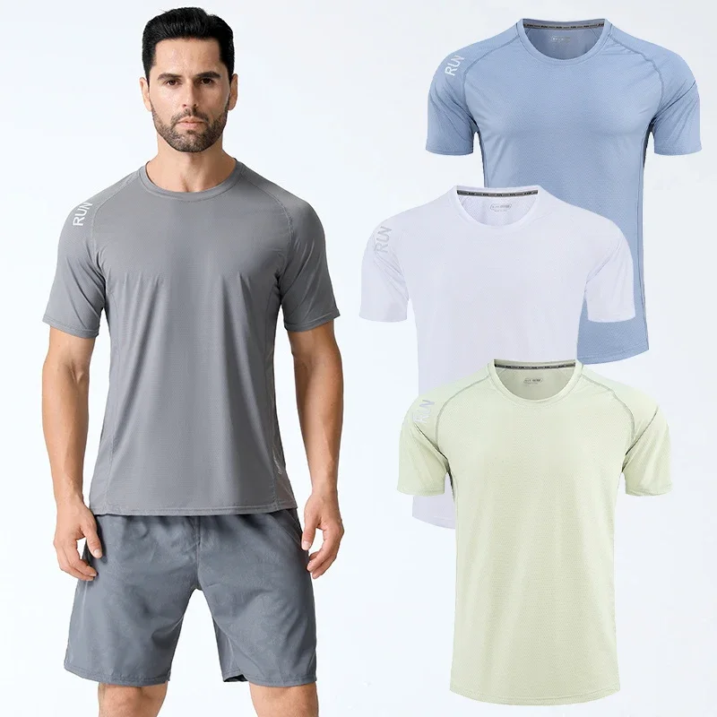 Men Outdoor Running T-shirt Sports Fitness Bodybuilding Short Sleeve Tops Training Gym Basketball ElasticTee Muscle Fit Shirt