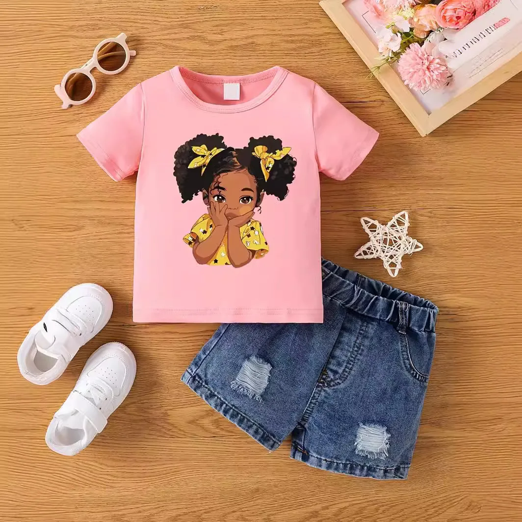 Aby Boys and Girls Summer Hot Painted Round Neck Short-sleeved Top Girls Just T-shirts. Shorts not included 16 S4d6295703a594cfdb6d87c1f00f00710W