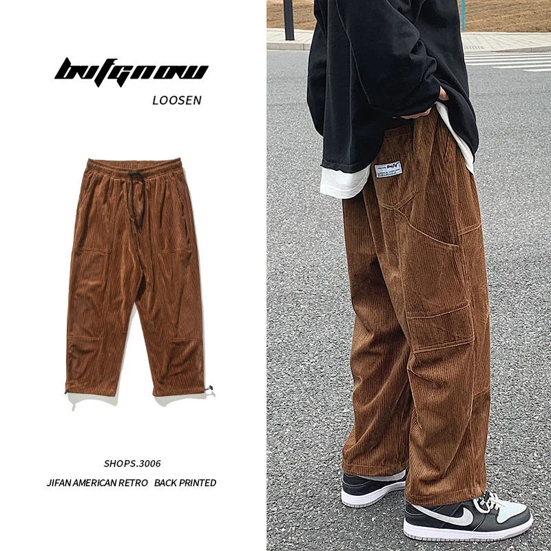 

Autumn Corduroy Men's Fashion Retro Casual Men Streetwear Loose Hip-hop Pocket Cargo Pants Mens Overalls Large Size