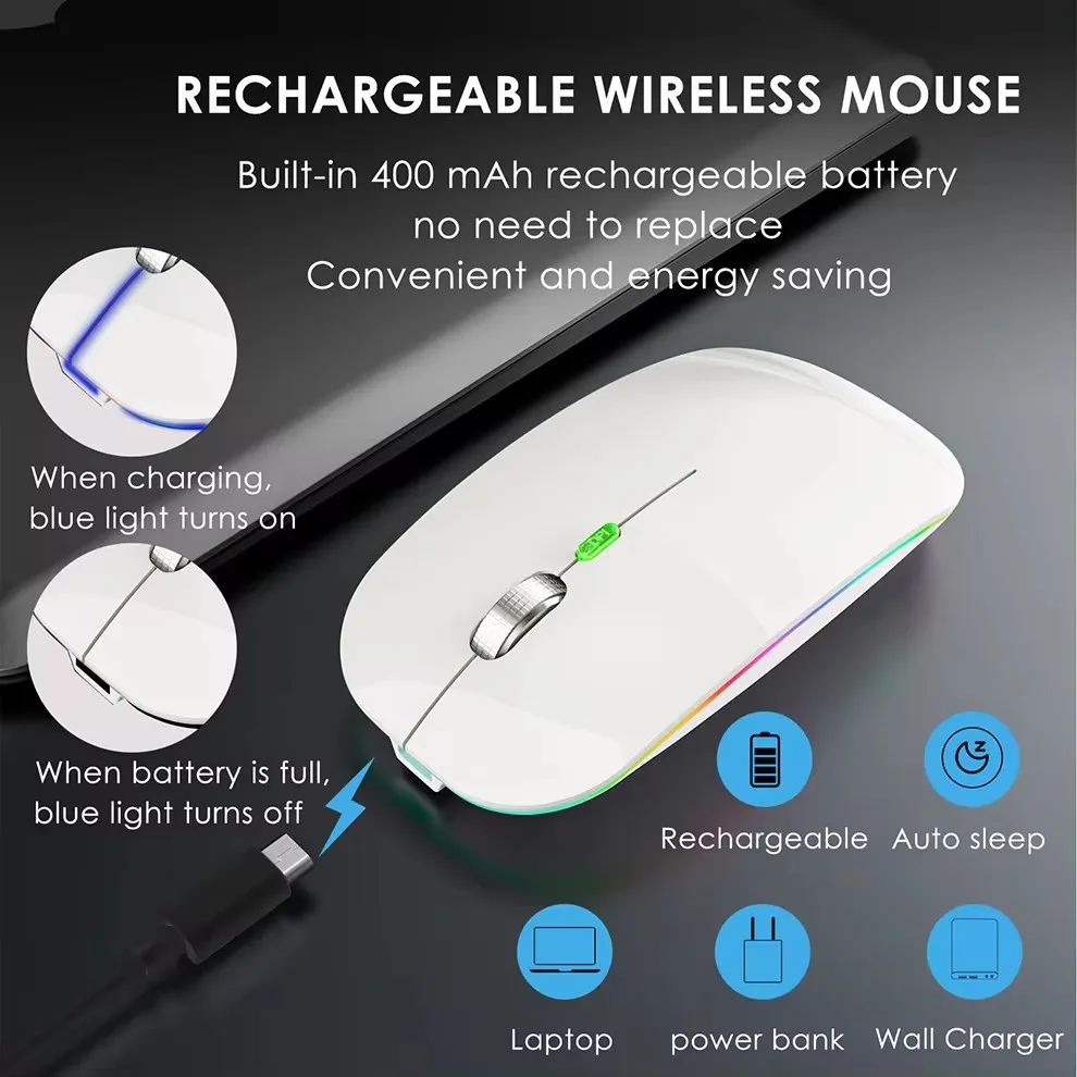 2.4G+Bluetooth Wireless Mouse Backlight Jiggler Mouse Rechargeable Silent Ergonomic Mice for iPad Laptop Computer