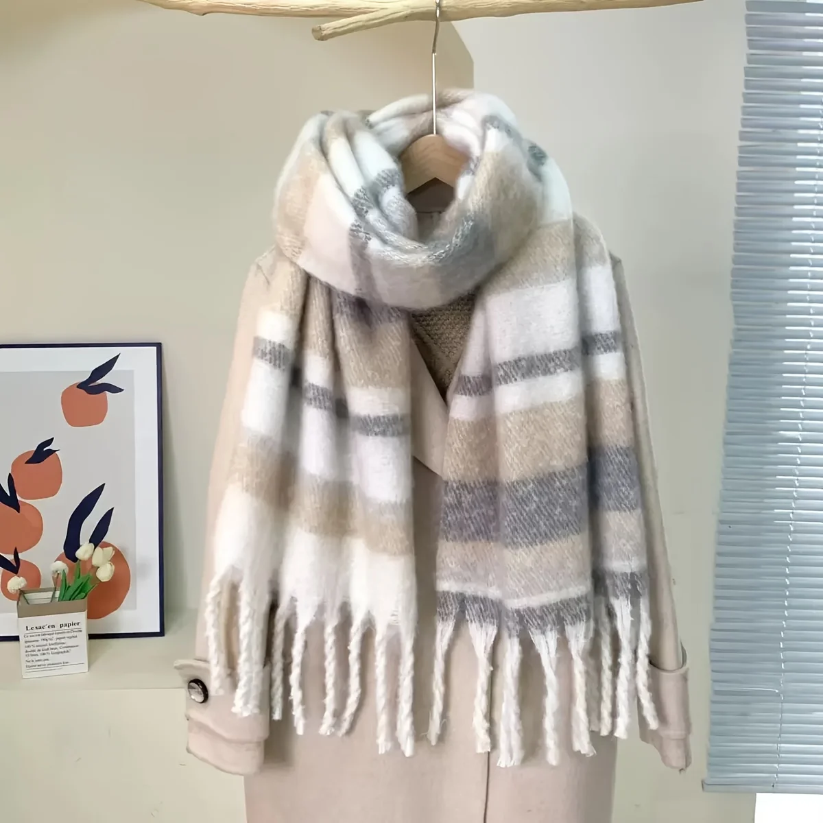 Available Autumn and Winter Elegant Color-Block Women'S Warm Scarf, Thick Striped Shawl with Tassels, Ideal for Outdoor Use