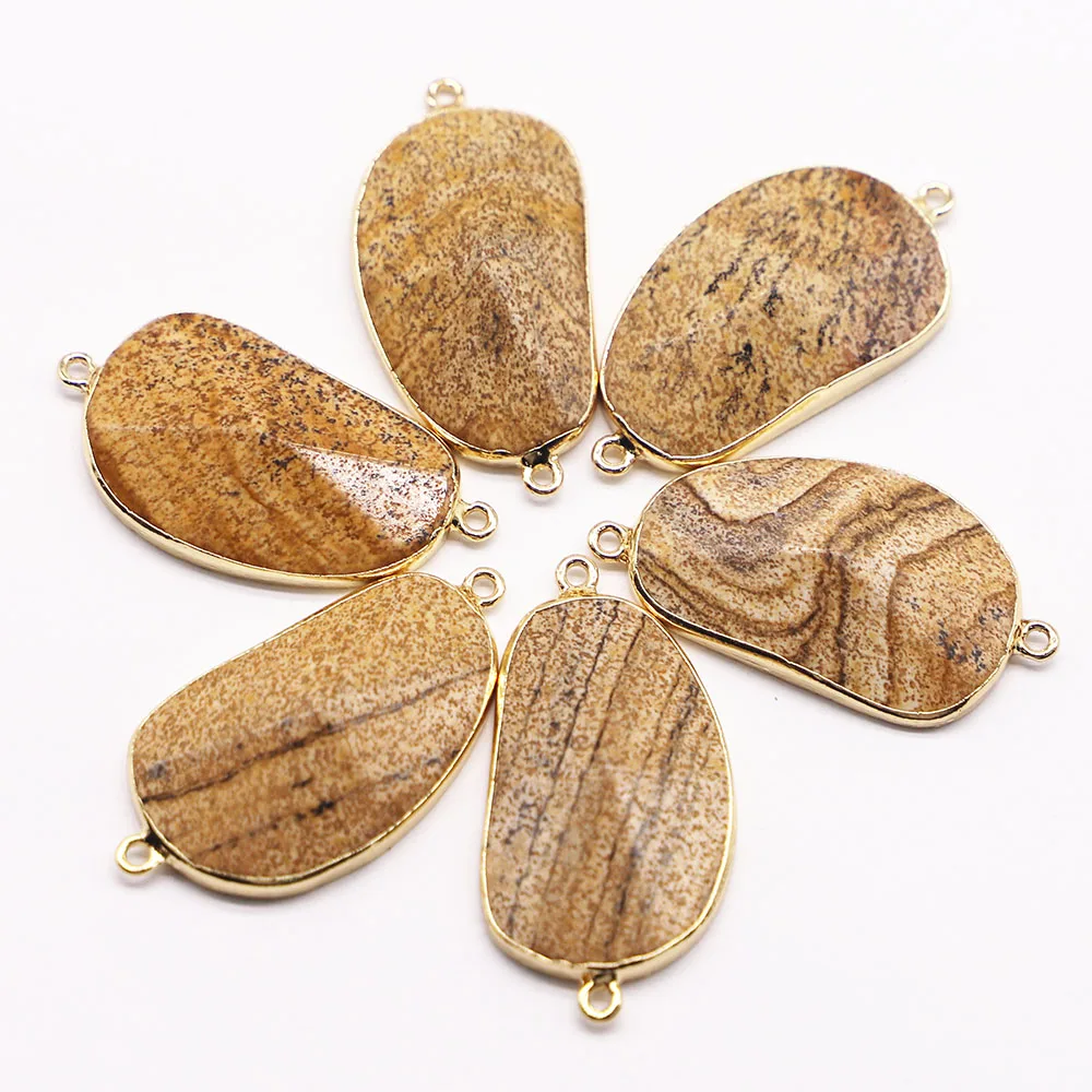Hot 30*24MM Natural Picture Stone Charms Connector Pendant Double Hole 6pcs for DIY Women Men Jewelry Bracelet Making Wholesale