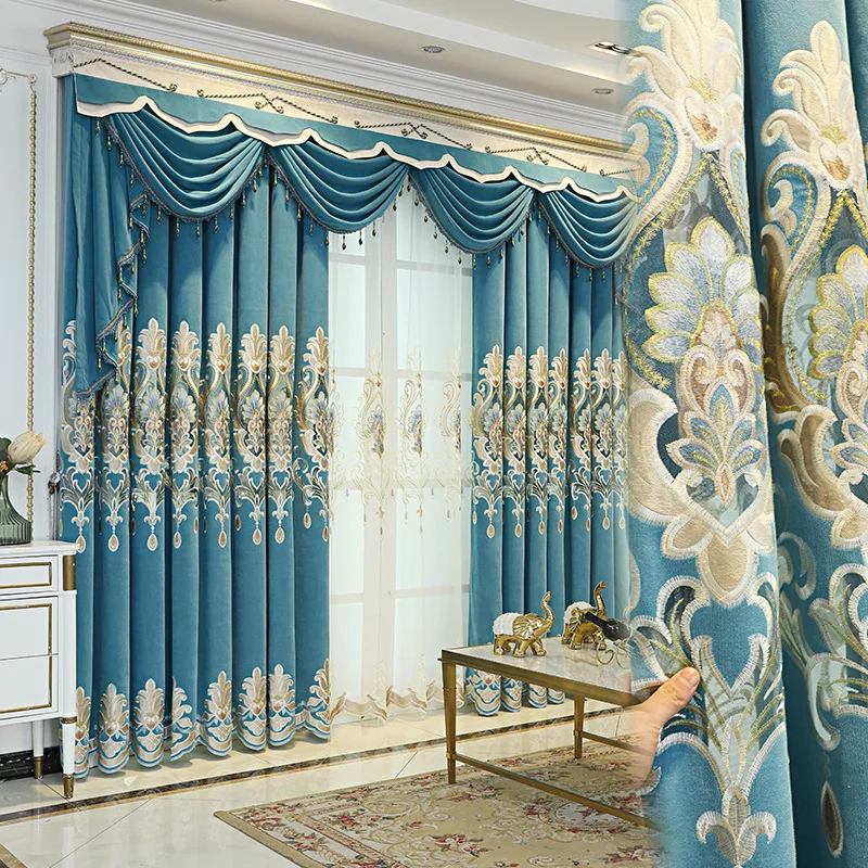 

Custom curtains European hollow embroidery living room luxury chenille blue cloth blackout curtain tulle valance drape C956