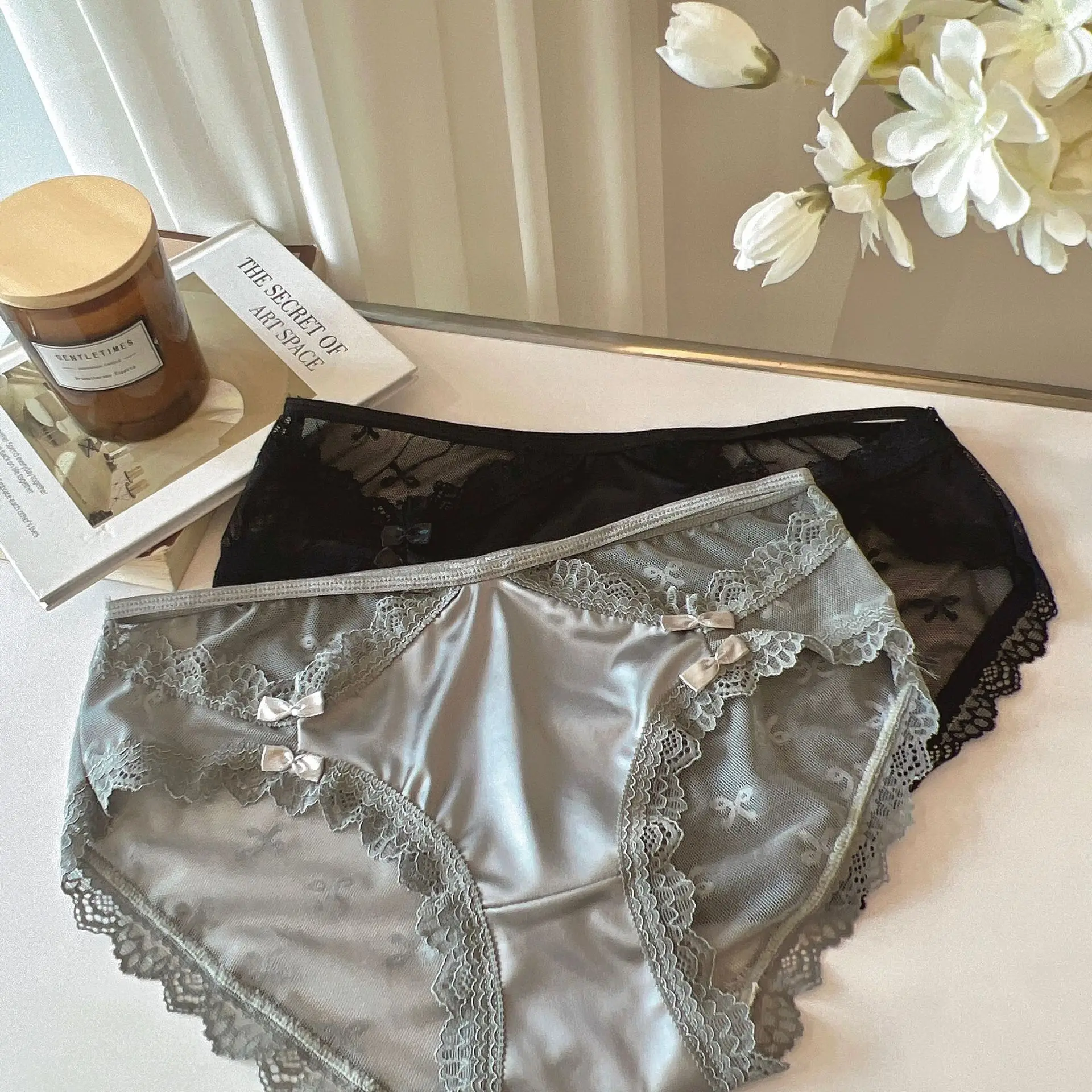 Sexy Satin Panties Seamless Ice Silk Underwear Girls Hollow Out French Underpants Women Lace Summer Thin Lingerie Female Briefs - Panties