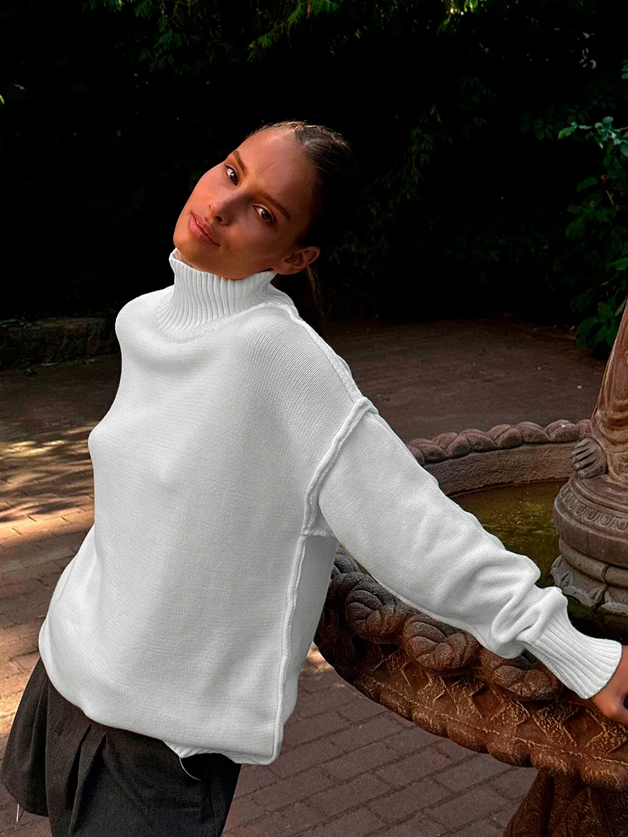 Winter Knit Turtleneck Pullover Female Clothes Loose Casual Ribbed Patchwork Long Sleeve Oversized Sweater Women Knitwear