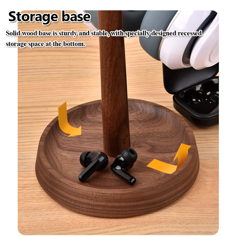 Solid Wood Dual Headphones Holder Black Walnut/Acacia Wood head-Mounted Headset Stand Hanger Desktop Bracket with Storage Base
