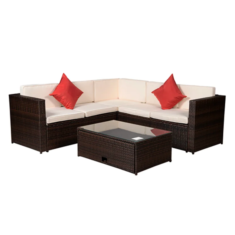 

Outdoor Garden Patio Furniture Set 4-Piece Brown PE Rattan Wicker Sectional Cushioned Sofa Sets with 2 Pillows and Coffee Table