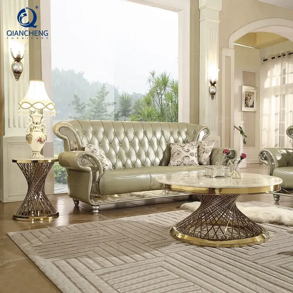 Luxury coffee table living room furniture marble table top gold metal stainless steel round coffee