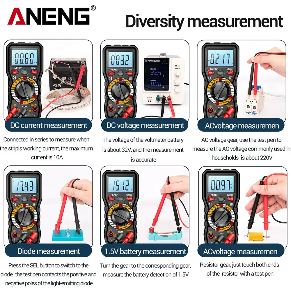 ANENG SZ302 Professional Digital Multimeter AC/DC Votage Tester NCV Detector Resistance Tester Ohm Ammeter Capacitance TestMeter 4