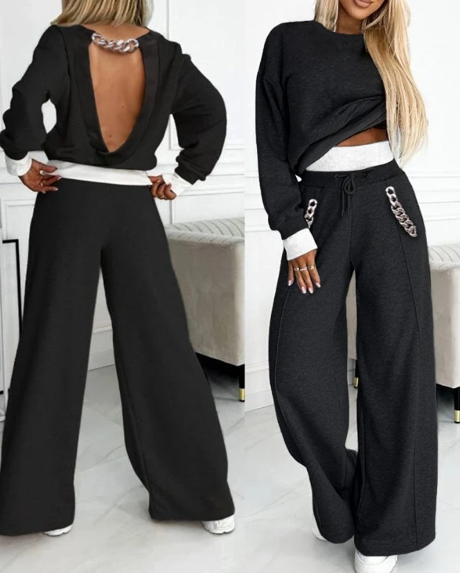 Women's Casual Two Piece Set Fashion 2024 Daily Work Round Neck Long Backless Chain Decor Sweatshirt and Wide Leg Sweatpants Set