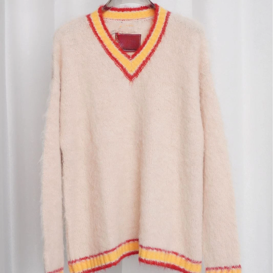 

Fashion Classic Trendy Luxury Design Autumn New Stripe Contrast V-Neck Mohair Loose Pullovers Sweaters Female M9