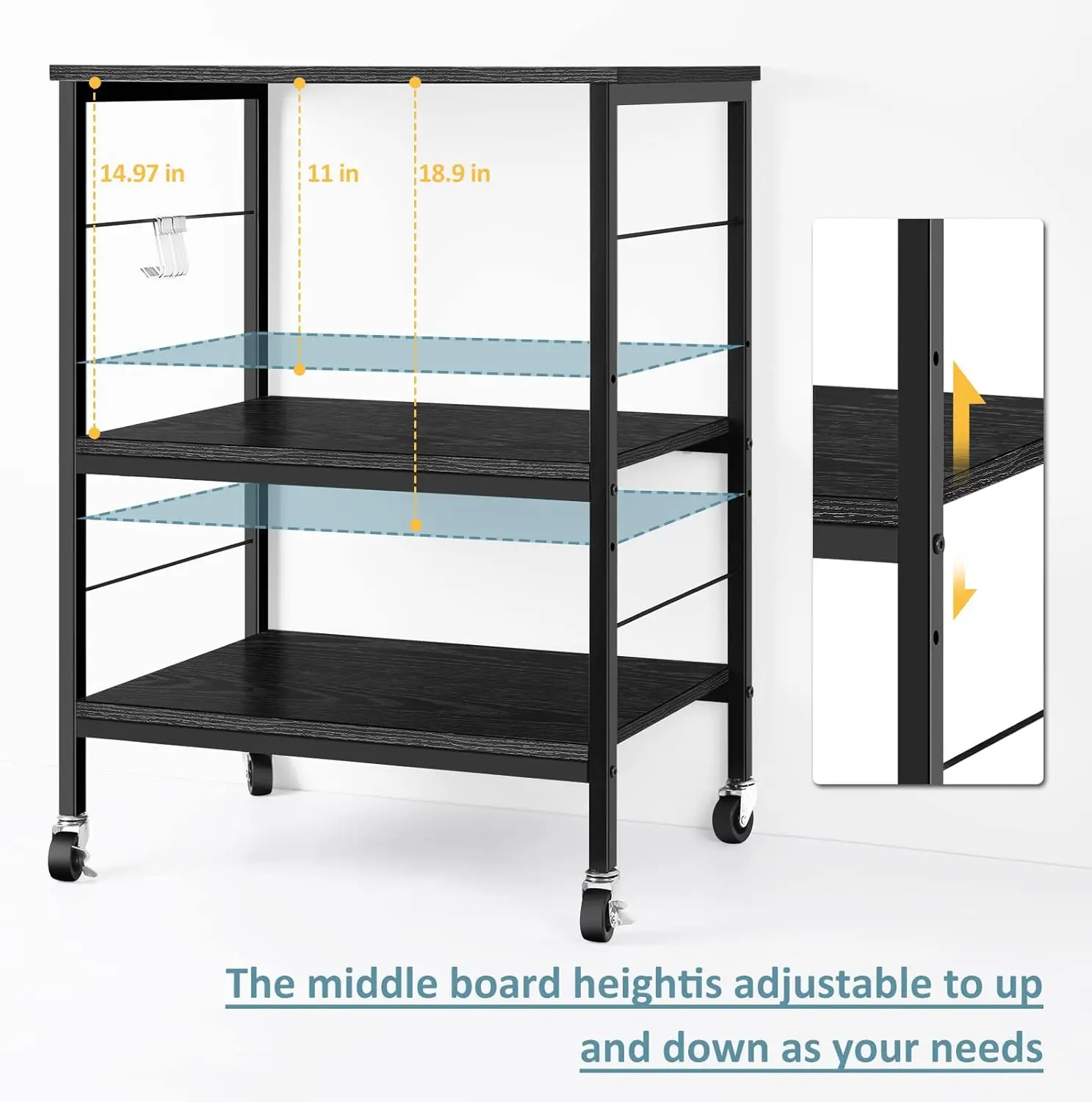 Microwave oven rack, 3-layer kitchen cart with small pastry rack stored on wheels and 10 hooks, coffee bar cart 4
