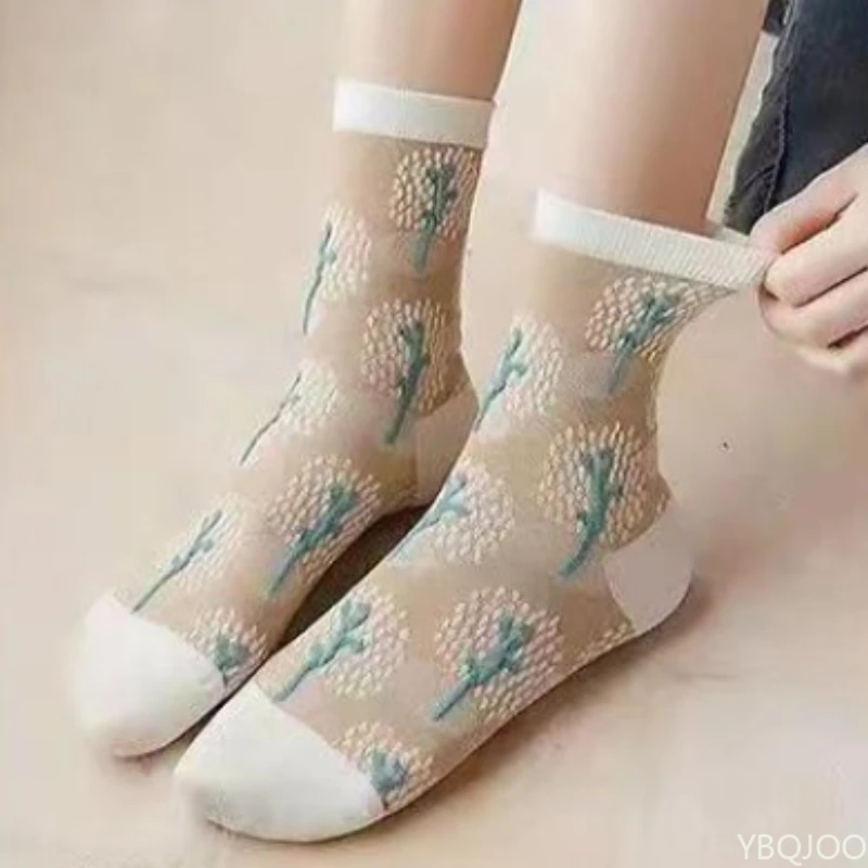 9 Paar Frühlings- und Herbst-Damensocken im Palaststil mit künstlerischem Relief, Blumen, Blumenfragmente, süße lange Röhren-Damensocken für Mädchen – Detail 13