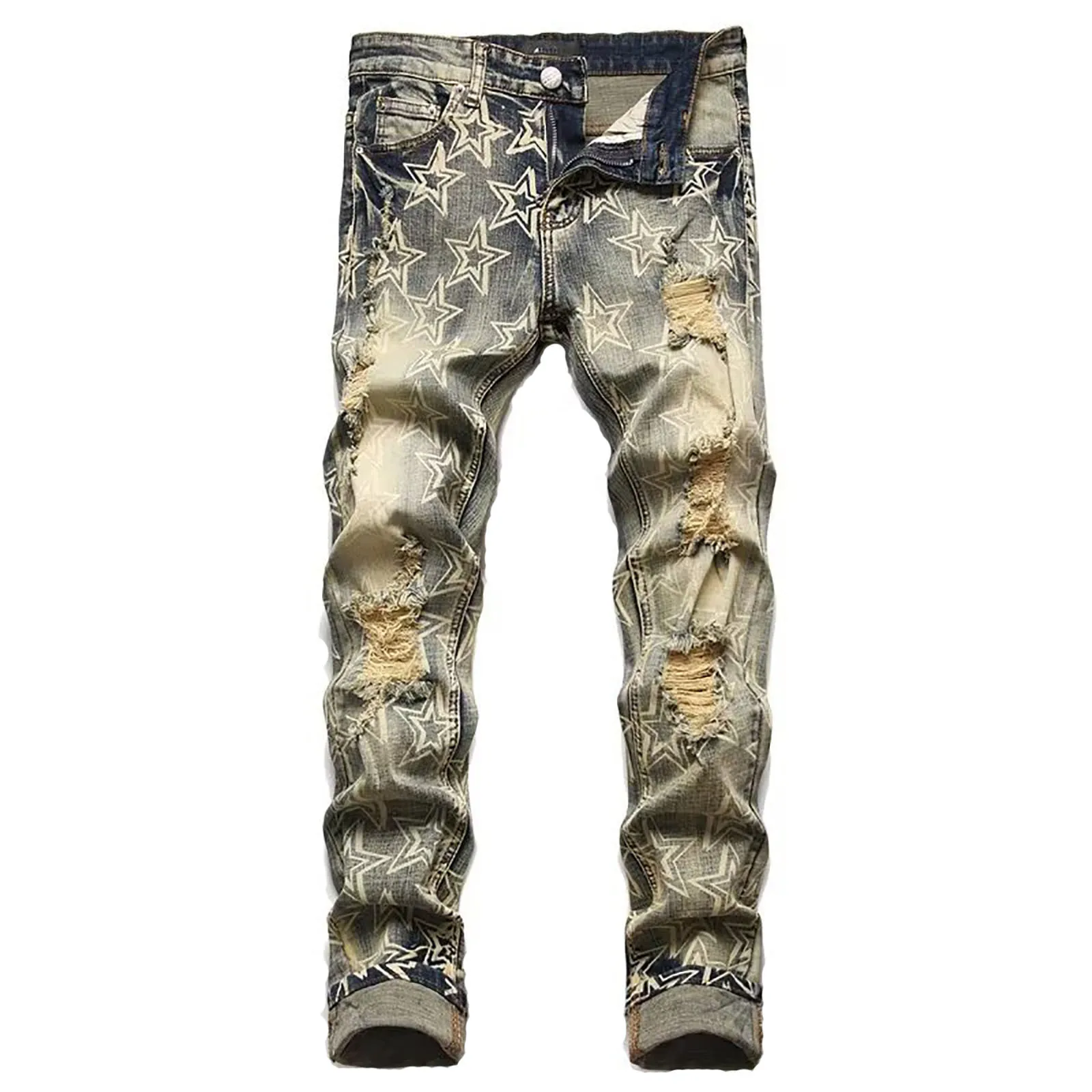 Men Jeans Star Embroidery Ripped Jean High Street Punk Style Streetwear Pants for Male Slim Stretch Pencil Pantalones Ropa