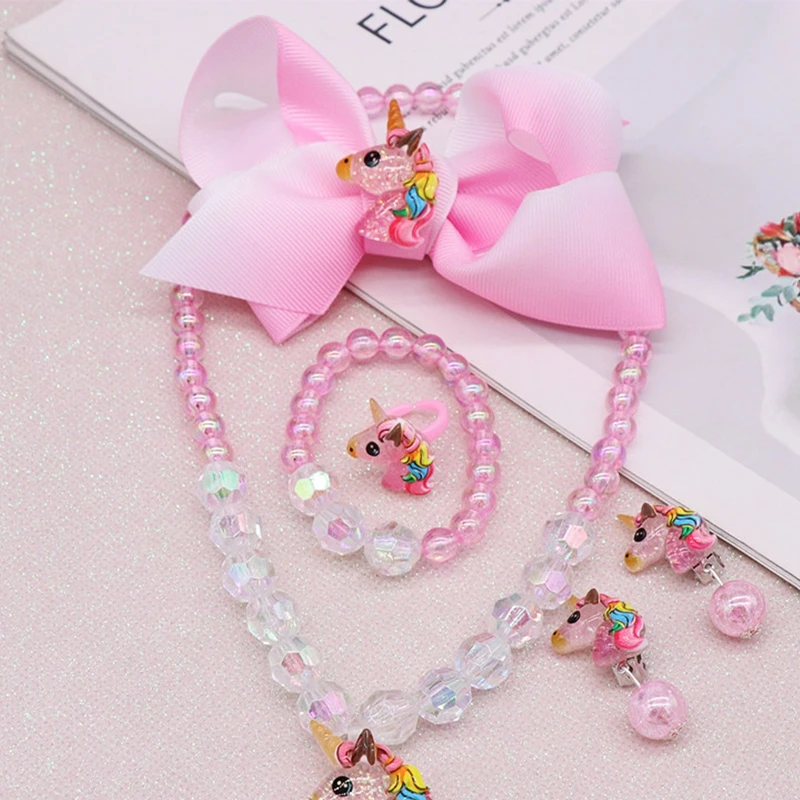 Mermaid Jewelry Set Sequins Purse Bead Necklace Bracelet Bow Hair Clip Shell Earring Gift for Sweet Princess Girls Accessories