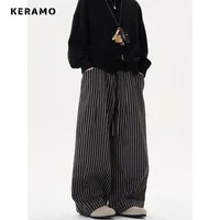 2025 Spring Street Casual Striped Print High Waist Wide Leg Pants Women's 2000S Fashion Loose Drawstring Full Length Trousers