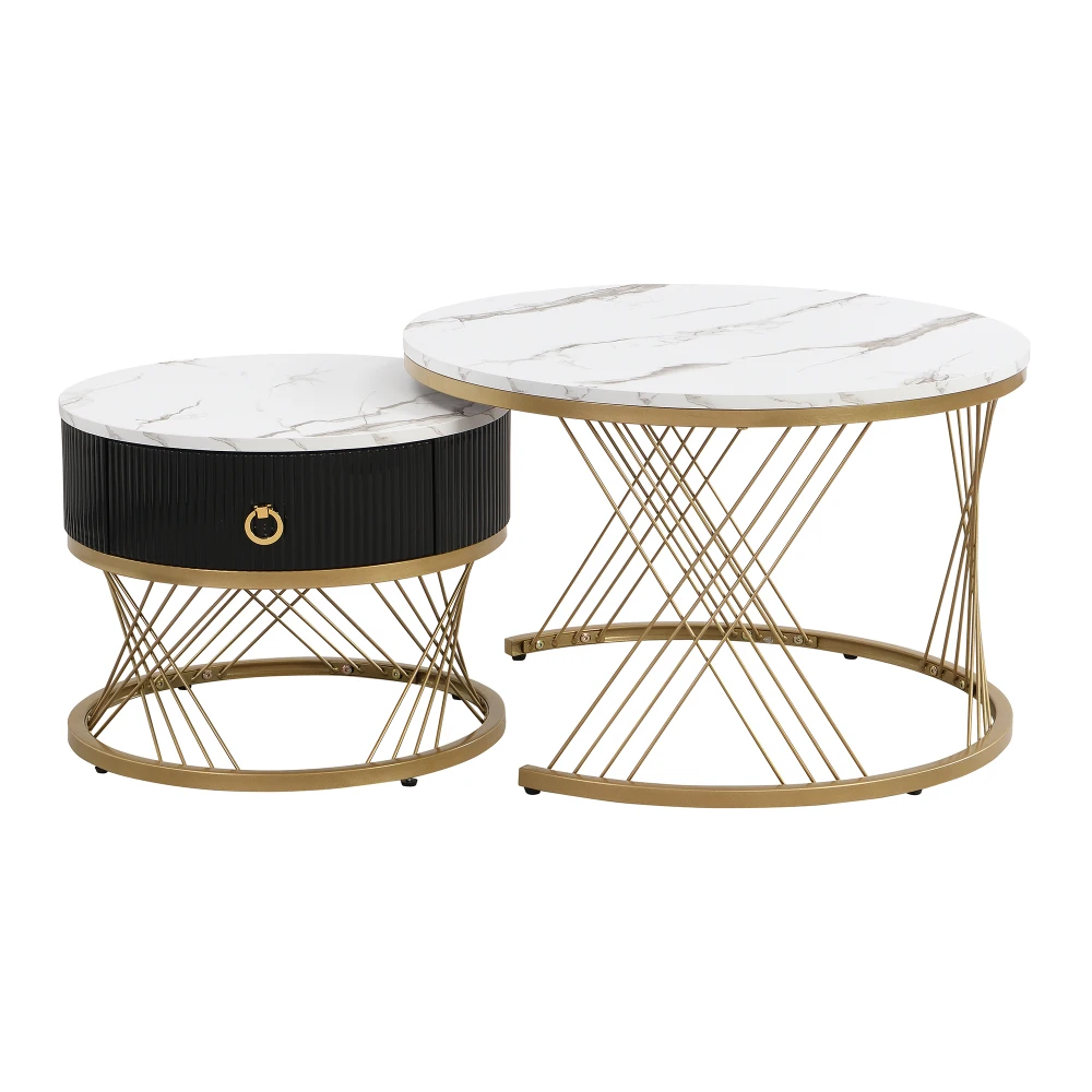 2-teiliges faltbares Couchtisch-Set – Platte aus Marmoroptik mit goldenen Akzenten, Beistelltische mit Schubladen, elegante kompakte Aufbewahrungsmöbel – Detail 21