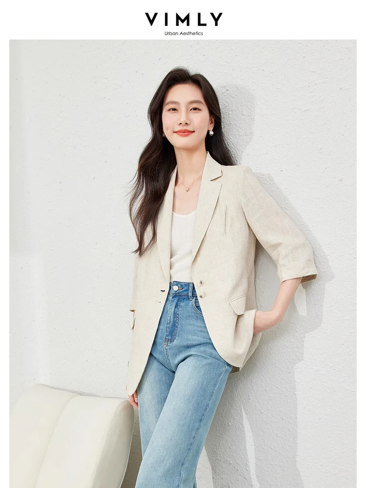 Vimly Apricot Linen Single Breasted Straight Suit Jacket 2024 Spring New Casual Office Lady Three Quarter Sleeve Blazers M6229