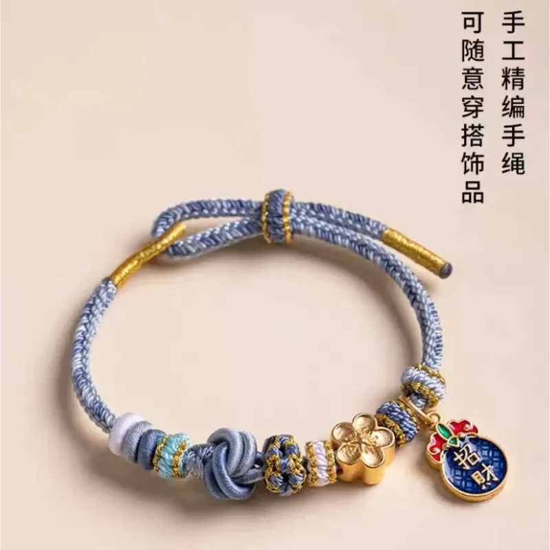 

Adjustable Handmade Woven Hand Rope Gold Plated Peach Blossom Good Lucky Small Pendant Bracelet For Women Diy Can Be Added Charm