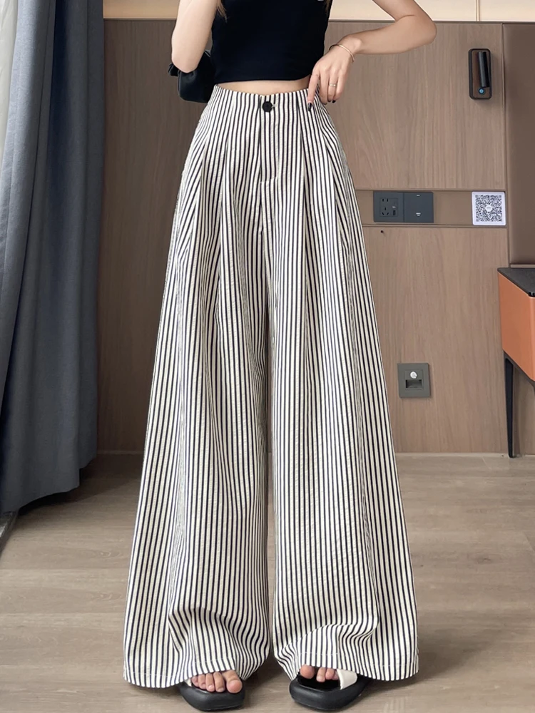 Ice Silk Cotton Linen Striped Wide Leg Pants Women Summer Thin High Waist Drape Casual Straight Floor Length Suit Pants
