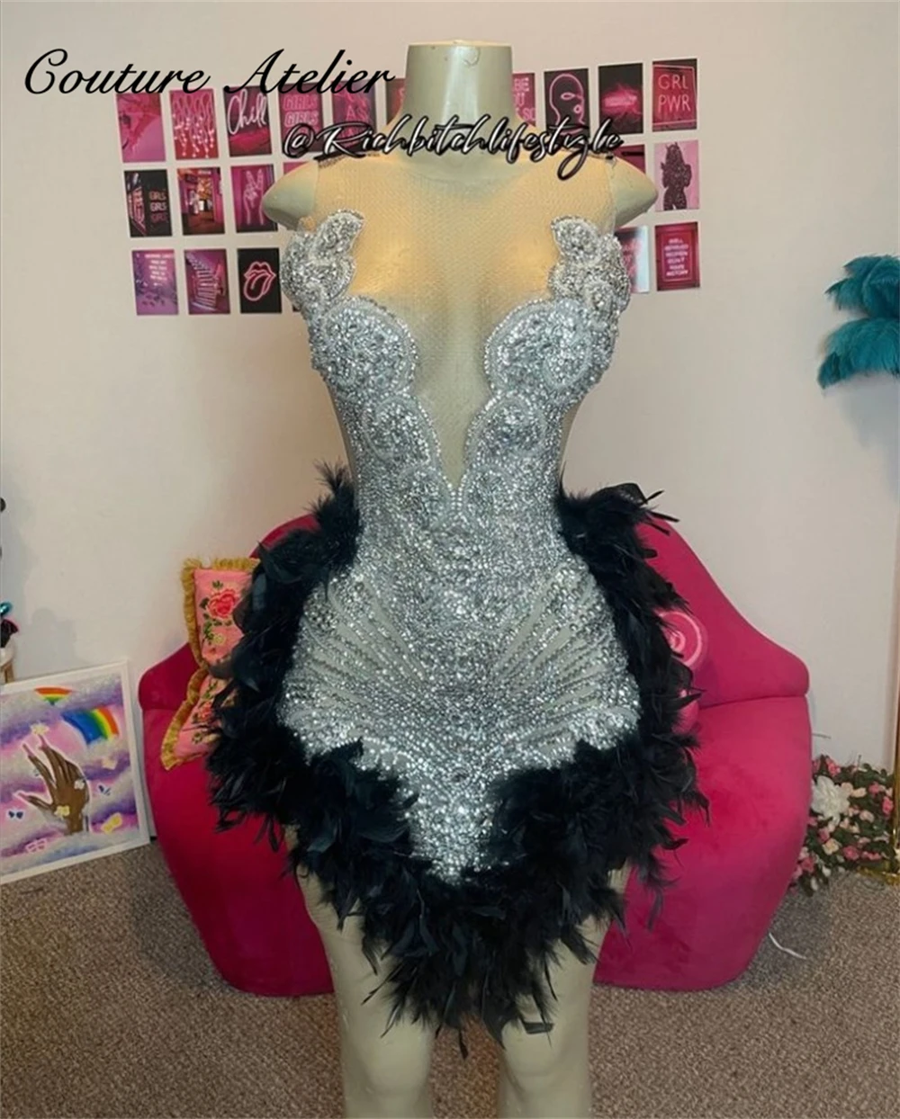 

Pretty Silver Crystal Short Prom Dresses For Black Girls Black Feathers Birthday Party Dress Mermaid Mini Cocktail Homecoming