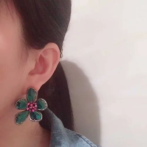 2023 빈티지 다크 그린 크리스탈 꽃 스터드 귀걸이 반지, 여성 레트로 팜므 웨딩 신부 럭셔리 주얼리 비쥬 5