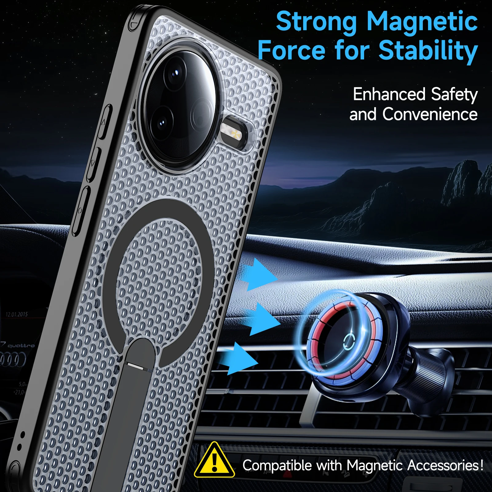 Magnetic Armor Phone Case with Cooling Design - Metal Bracket, TPU Frame & Acrylic Back Cover